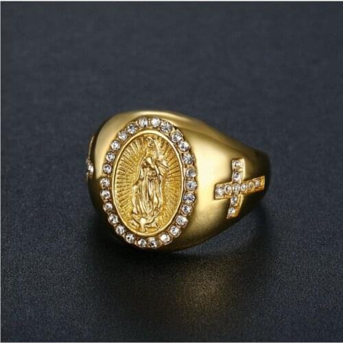 Titanium steel - diamond-encrusted Virgin Mary mens ring