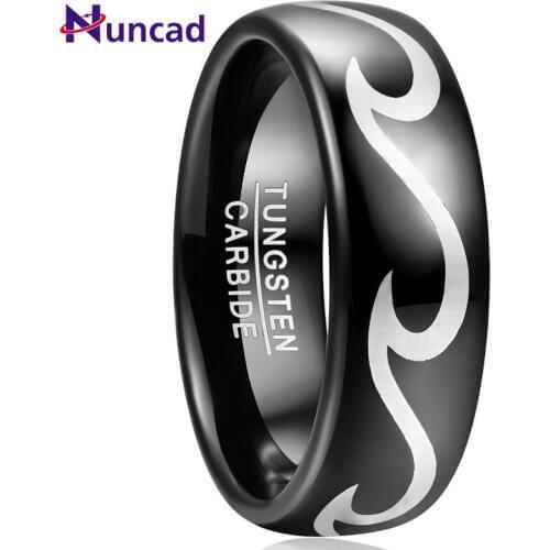 Nuncad 8mm Mens Ring Wedding Band Engagement Ring Black Tungsten Steel Ring Laser Wave Pattern Tungsten Carbide Ring