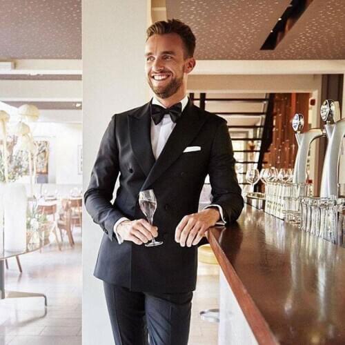 Double Breasted Black Men Suits for Wedding Man Outfit Groom Tuxedo Best Man Attire Slim Fit Costume Homme Free Bow Tie