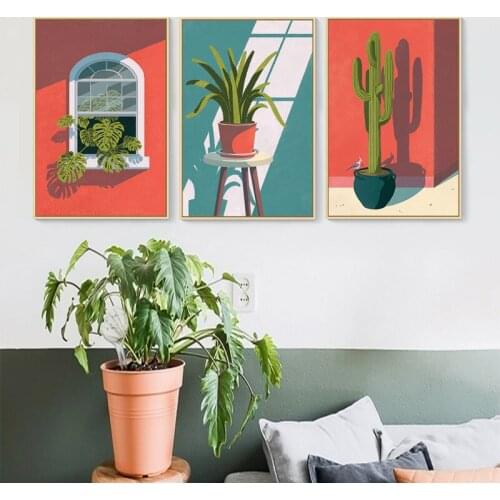 Nordic Building Abstract Green Cactus Plant Art Canvas Painting Modern Posters and Prints Living Room Home Decor Wall Pictures