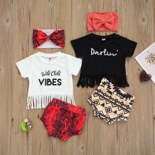 OPPERIAYA 3Pcs Newborn Baby Summer Cotton Outfits Short Sleeve Letter Print Tassel Tops Geometry Shorts Headband Casual Set