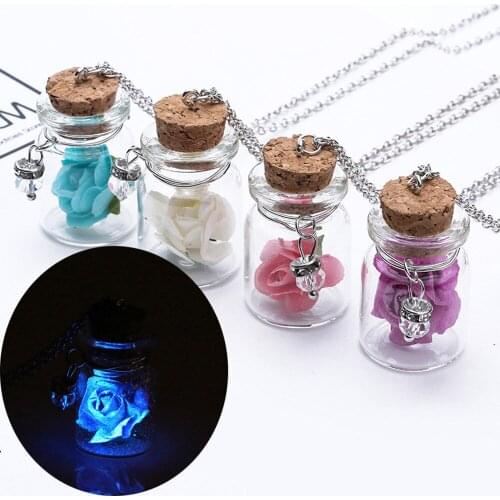 Glow In The Dark Flower Glass Tiny Wishing Bottle Vial Necklace Pendant Chain Girl Tiny Wishing Bottle Luminous Flower Necklace
