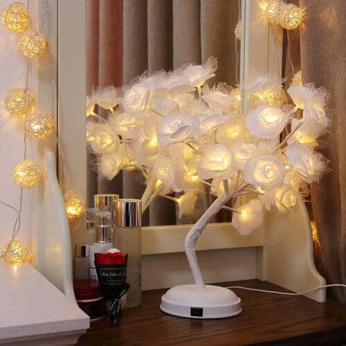 Romantic White Rose Tree Lights Battery&USB Powered Flower Night Lamp for Wedding Valentines Day Party Everyday Decorations