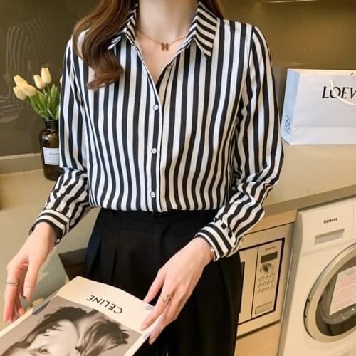 Chikichi 2021 Spring and Autumn Long-sleeved Chiffon Shirt Female Temperament Lapel Vertical Striped Ladies Tops