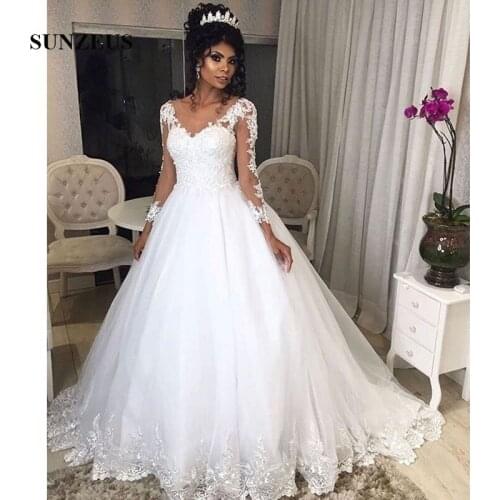 Long Sleeve Wedding Dresses Puffy A-Line V Neck Ivory Lace Appliques with Tulle Bridal Wedding Gowns 2021 African Bride Wear