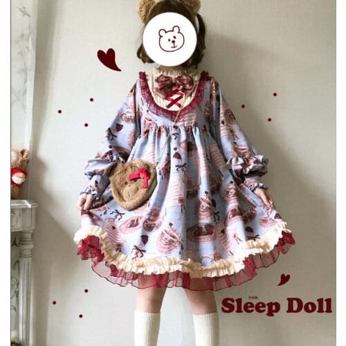 Sweet Lolita Strawberry Tableware Print Retro Kawaii Japanese Soft Girl Tea Party Lace Long Sleeve op Lantern Sleeve lo dress
