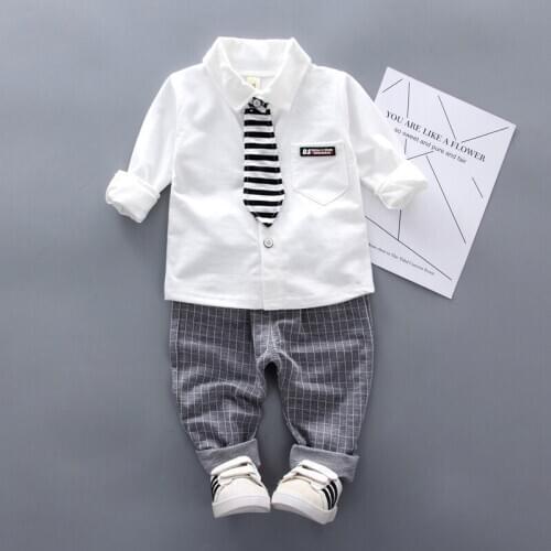 2020 spring and autumn new childrens clothing Korean boy and girl suit childrens long-sleeved two-piece bow tie shirt
