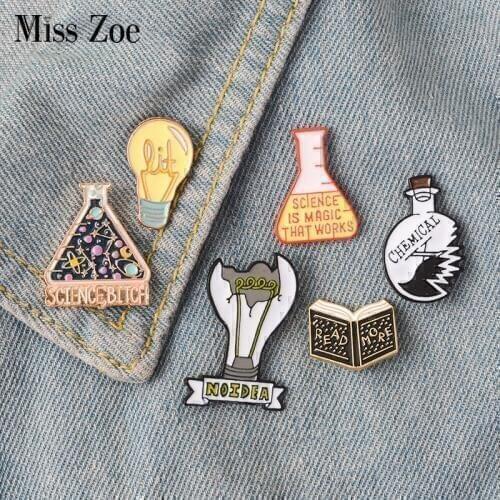 Magic Science enamel pin Light bulb No Idea Chemical Beaker badge brooch Lapel pin Denim Jeans shirt bag Cartoon Jewelry Gift