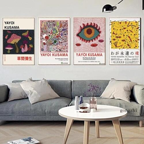 Japanese Artist Yayoi Kusama Exhibition Poster Abstract Mushroom Canvas Painting Prints Minimalist Wall Art Pictures Home Decor