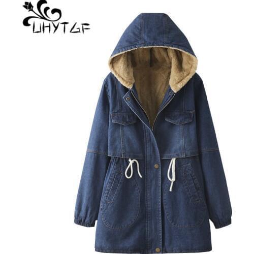 UHYTGF Women denim jacket thick winter parka woman Plus velvet lambswool Windproof warm coats Hooded plus size parkas mujer 718