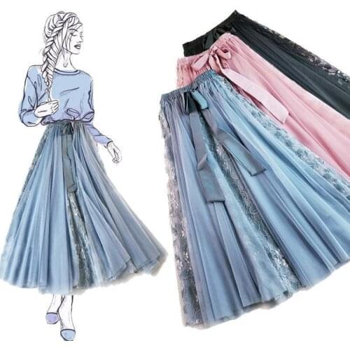2021 Fashion Patchwork Lace Long Tutu Tulle Maxi Skirts Women Korean Kawaii Bow High Waist Pleated Skirt Female Jupe Femme Y901