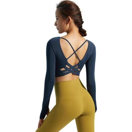 Sexy Inner Paded Sports Shirt Women Long Sleeve Gym Workout Thumb Holes Breathable Anti-sweat Running Yoga Shirt Dry Fit Top -40