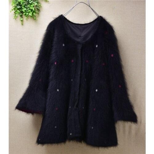 Ladies women thick warm mink cashmere black seven flare sleeves knitted loose cardigans angora fur jacket coat sweater winter