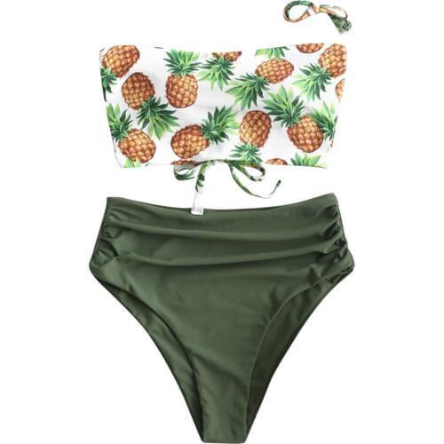 Women Two Pieces Bathing Suit Top Ruffled With Waisted Bottom Bikini Set WomenS Sexy Pineapple Print Bandeau Swimsuit Z0226
