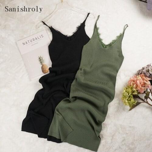 Women Spaghetti Strap Long Dresses Split V-Neck Lace Patchwork Knitted Dress Female Sleeveless Bodycon Tank Dress Vestidos CD043