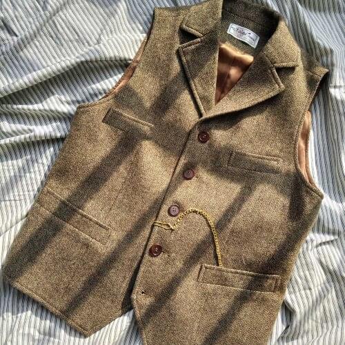 Autumn Men Suit Vest New Style British Rretro Herringbone Slim Fit Blazer Suit Waistcoat Wool Tweed