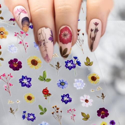 1pc 5D Embossed Sunflower Nail Stickers Dried Rose Flower Butterfly 3D Self-adhesive Sticker Decals Nail Tips Decoration