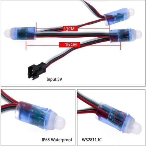 50pcs/lot DC5V WS2811 Full Color LED Pixel Light Module 12mm 10cm/15cm wires IP68 waterproof RGB Digital led strings
