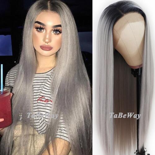 TaBeWay Long Straight Lace Front Wigs Ombre Grey Color Wig Heat Resistant Glueless Synthetic Lace Front Wigs for Fashion Women