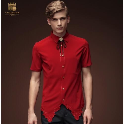 Fanzhuan Free Shipping New fashion personality male Mens red shirt 15363 blouse Irregular short sleeve Embroidery slim in stock