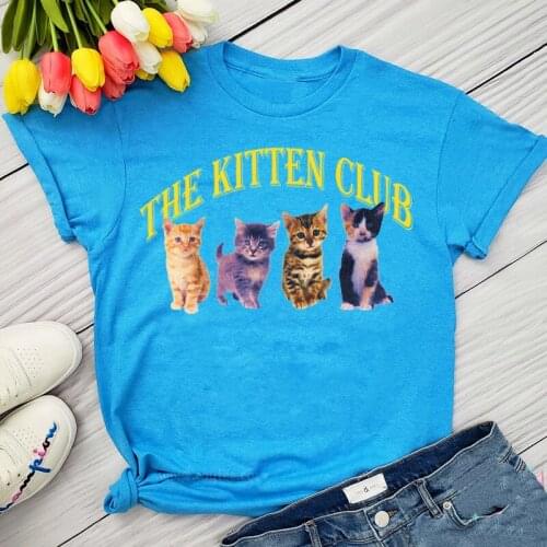 The Kitten Club Cats Printed Kawaii Casual Cotton Tshirts For Femlae Short Sleeve Cotton Round Neck Kpop Summer Tops Chic Tees
