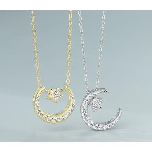 GorGor Necklace Women 925 Sterling Pattern Star with Moon Minimalist Pendant Elegant Engagement Romantic Jewelry XL104