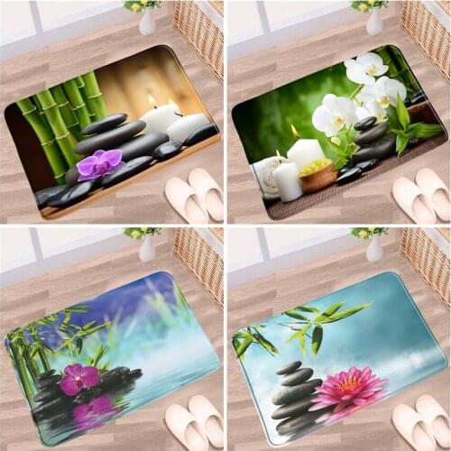 Zen Bath Mat Green Bamboo Butterfly Orchid Pebble Plant Pattern Non-slip Rug Flannel Home Decor Bathroom Kitchen Entrance Carpet