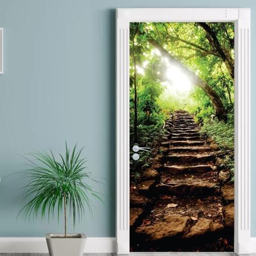 Creative Door Sticker Forest Step Stairs Door Mural Door Cover Wall Stickers Kitchen Wallpaper Renew Mural Decal Kids Home Decor