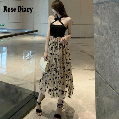RoseDiary 2021New Women Street Gothic Style Punk Black Retro Dress Print Sleeveless Dress A-line Off Shoulder Sling Sexy Dresses