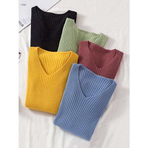 Chic casual Autumn Winter Basic Sweater pullovers Women v-neck Solid Knit Slim Pullover female Long Sleeve warm Khaki Sweater