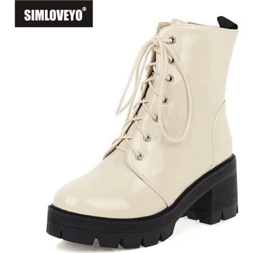 SIMLOVEYO 2021 Ladies Ankle Knight Boots Platforms Zip Lace Up Punk Breathable 7CM Thick Sole Block Heel Black Red Beige A4462