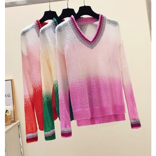 Loose Casual V-neck Sweater Womens Spring Autumn New Thin Knit Top All-Matching Female Pullover Jumpers