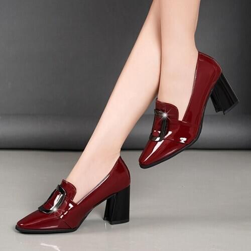 Women Shoes Pumps Ladies 7.5CM High Heels Autumn Office Wedding Dress Patent Leather Buckle Woman Slip On Fashion Square Toe