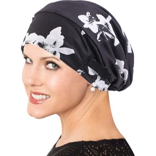 Women Satin Lined Bonnet Sleep Cap Ethnic Floral Print Adjustable Wide Band Slouchy Beanie Turban Hat Muslim Head Cover