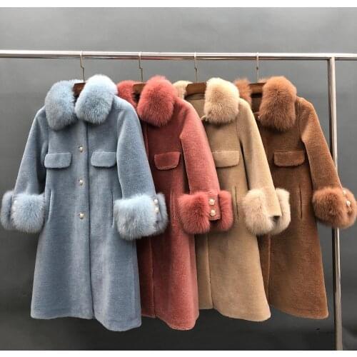Shearling Women Jacket Fluffy Fox Fur Collar Warm Luxury Outerwear Winter Fashion Lady Long Sleeves Coat New