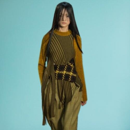 Runway Designer Women Irregular 2021 Spring Color Block Striped Plaid Lace Up Pullover Slim Knitted Sweater Streetwear