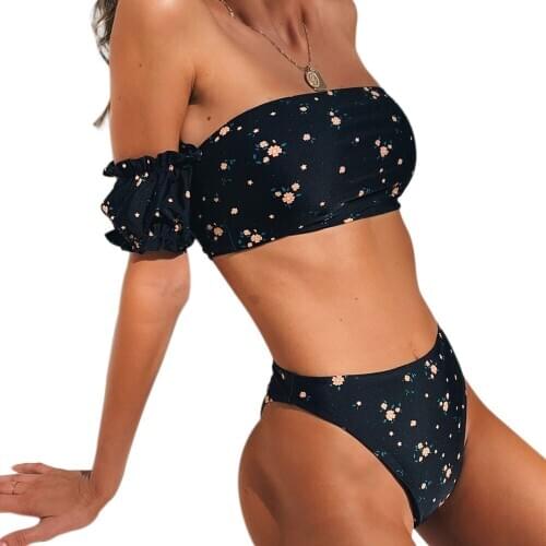 Women Floral Ruffled High Waist Two Pieces Bikini Set Push-Up Bra Off Shoulder Bandage Swimsuit Push-up Swimwear Bathing Suit