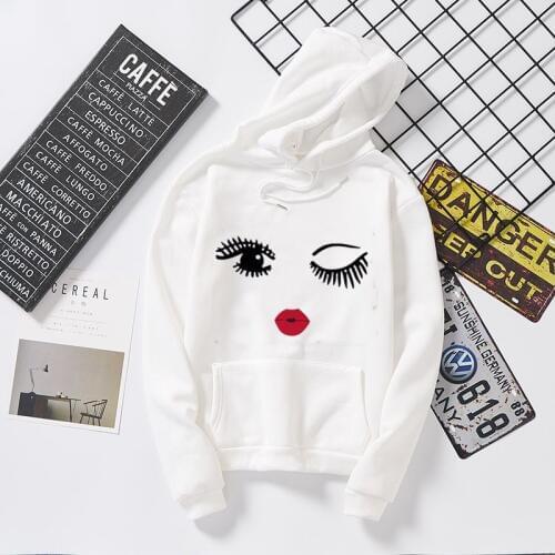 Woman Harajuku Eyelash Lips Printed Pullover Hoodie White Tops New Winter Womens Hoodie Sweatshirt