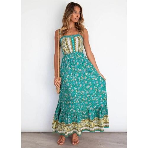 Summer Dress Women Bohemian Print A-Line Dress For Women Patchwork Ruffles Sling Sleeveless Slsah Neck Long Dresses Femme Robes