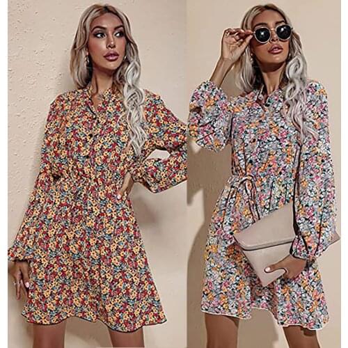 2021 Autumn Boho Dress Women Floral Print Pleated Long Sleeve Mini Chiffon Dress Ladies V Neck Loose Beach Sundress