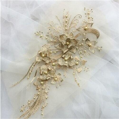 1pc Elegant 3D Flower Embroiderey Pearl Beaded Lace Applique Trim Dress Lace Fabrics for DIY Decoration 30*15cm