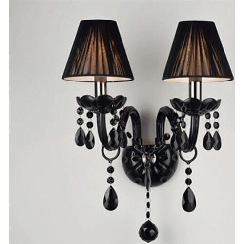 2 Lights Black Crystal Wall Lamps Candle E14 Bulb Double Heads Crystal Wall Lights Black Silk Fabric Lampshade Bedroom Lighting