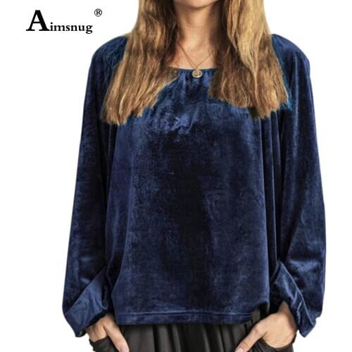 Aimsnug Plus size 3xl Solid Color 2020 Spring Autumn Korean Velvet Tops Women Casual Blue Gray Vinatge T-shirt Womens Clothing
