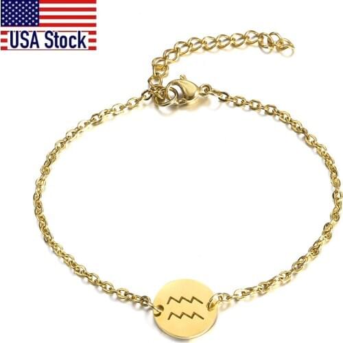 12 Constellation Zodiac Charm Bracelet for Women Girl Golden Color 2mm Stainless Steel Rolo Cable Chain Jewelry Gift DB292