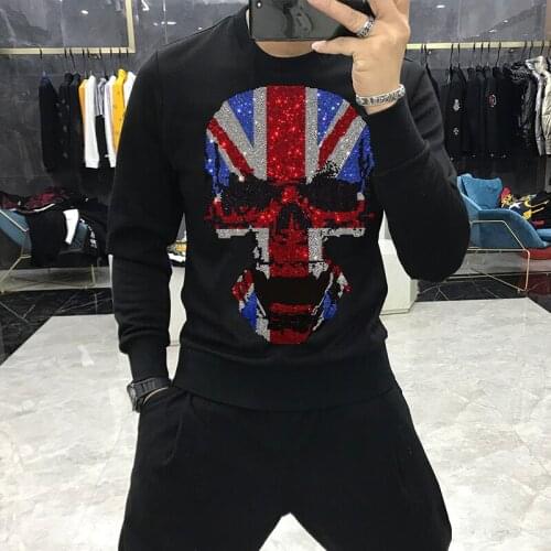 British 2021 Mens Hoodie Casual Round Neck Design Flag Skull Hot Drill Youth Street Fitness Warm Sweatshirt Large Hoody