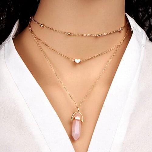 Necklace Hexagonal Rhomboid Faux Crystal 3 Layers Women Heart Beads All Match Choker Wedding Цепочка