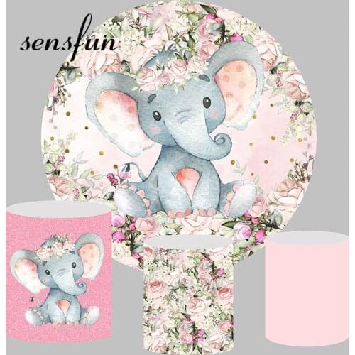 Sensfun Pink Flowers Elephant Round Backdrop Cover Elastic Girls Newborn Baby Shower 1st Birthday Party Background Plinth Covers