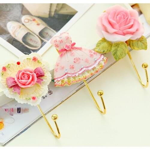 Rose flower shape Resin Sticky hook Towel key bag holder hanger Organized storage rack home decor wall shelf