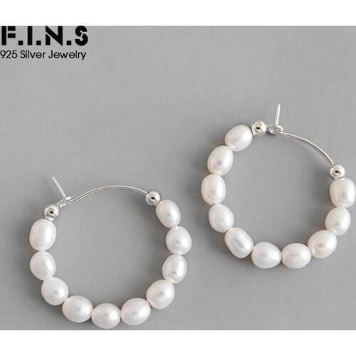 F.I.N.S Korean S925 Sterling Silver Earrings INS Freshwater Pearl Beaded Hoop Earrings Female Earrings Fashion Jewelry