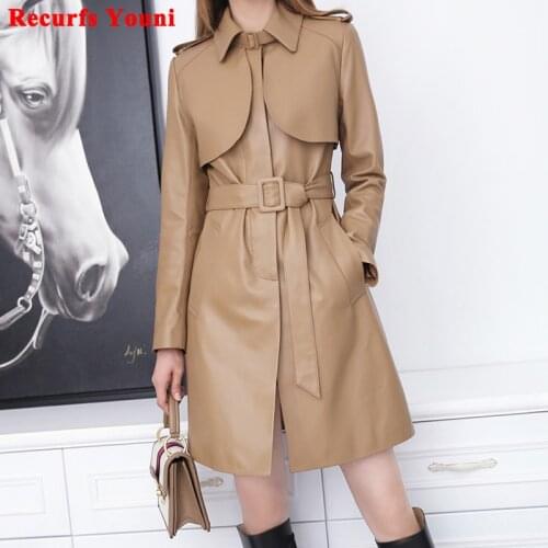 Leather Jacket Womens Mid-length Slim Belt Windbreaker Coat OL Ladies Sheepskin Side Pockets Khaki Ropas Mujer Steet Outwear